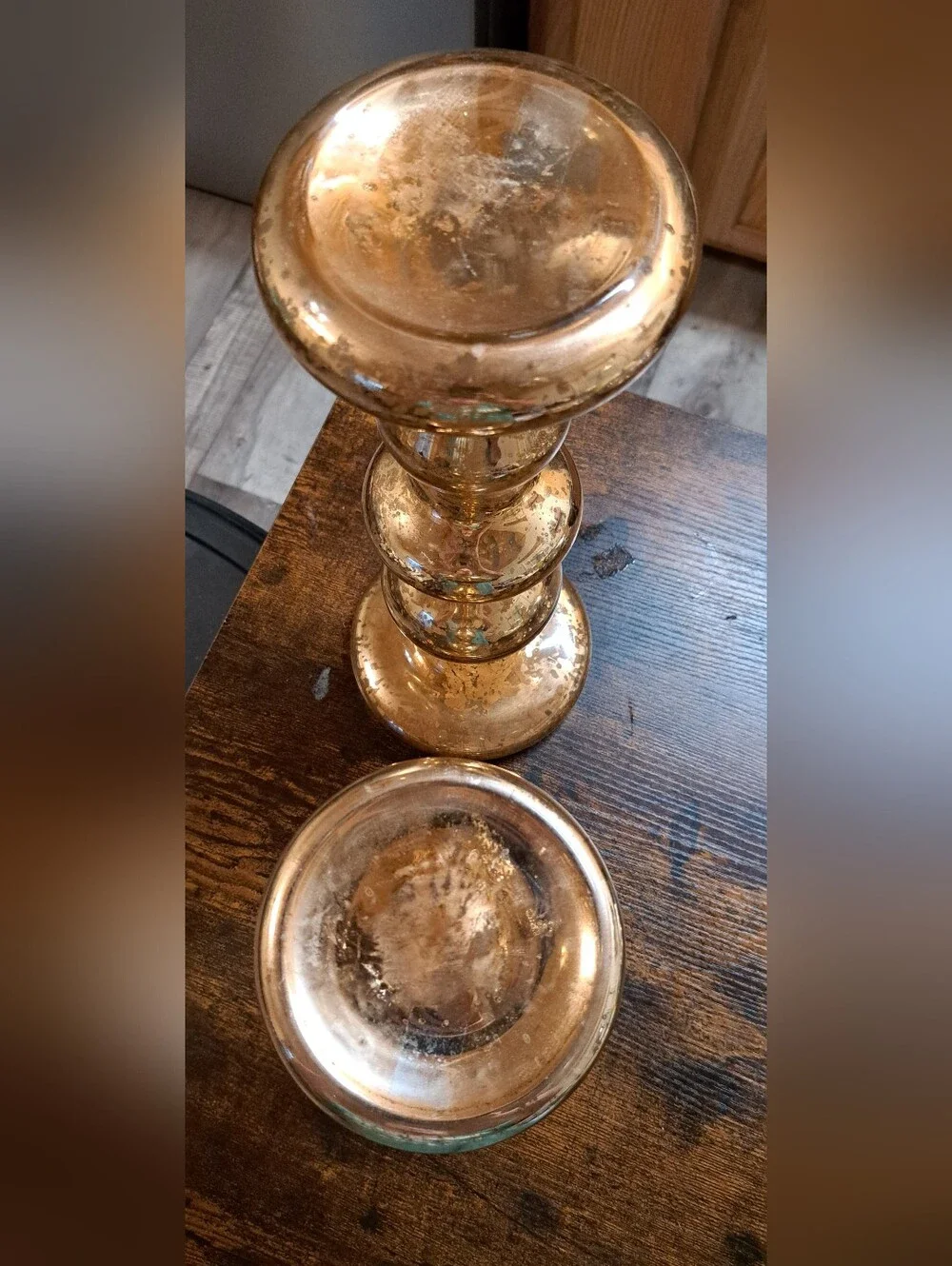 Set Of 2 West Elm Gold Speckled Mercury Glass Orb Pedestal Pillar Candleholders